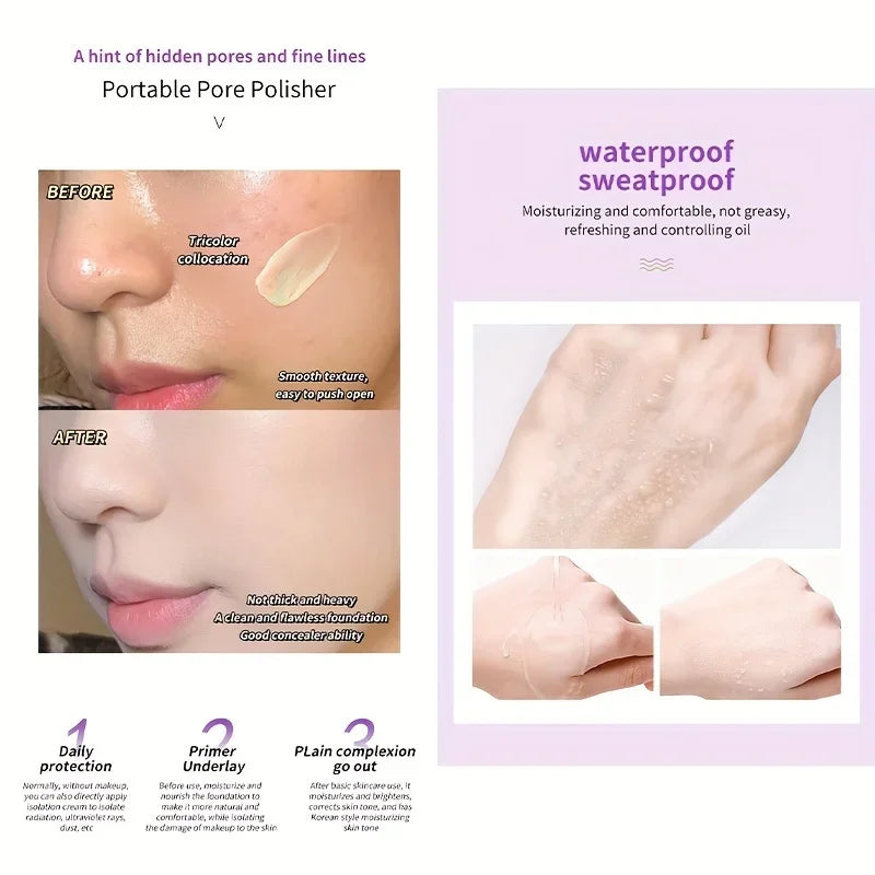 40g Face Makeup Primer Tri-color Cream Brighten Contour Color Isolation Waterproof Makeup Foundation Natural Makeup Base Cream