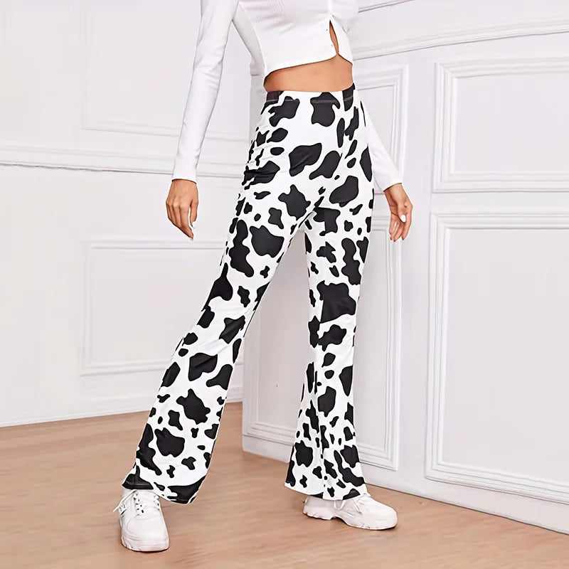 Women's milk cow printed bell bottomed pants with elastic casual sexy and comfortable pants
