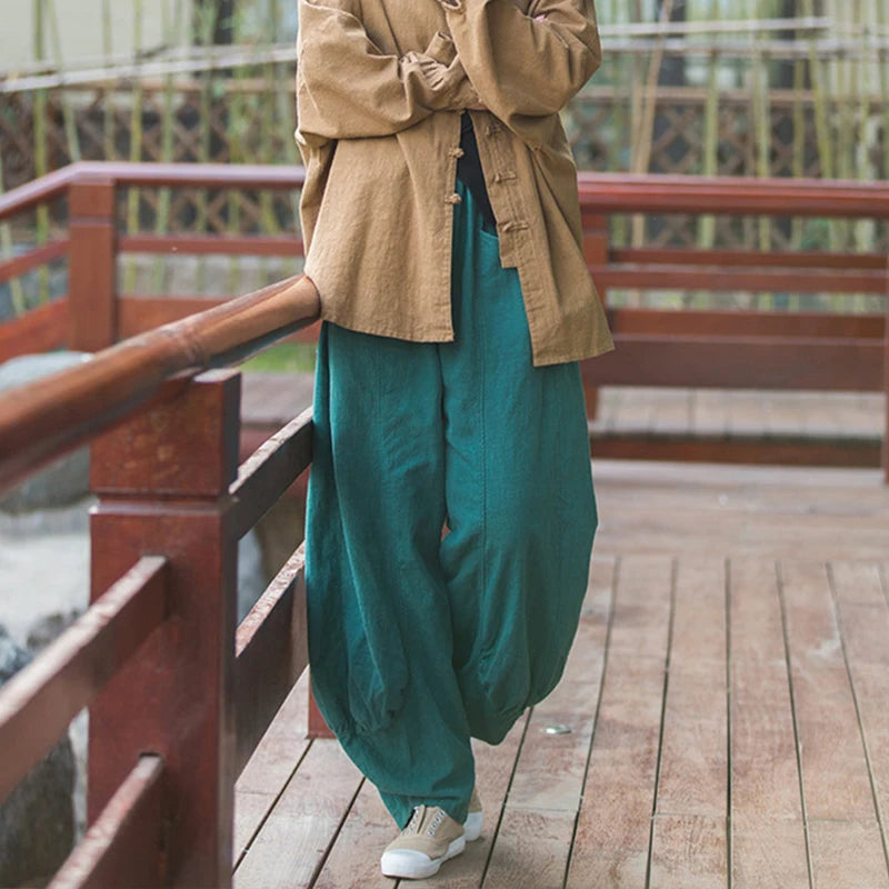 Women Vintage Literature Tie-dye Pants Summer Cotton Linen All-match Harem Pants Lady Casual Loose Bloomers Wide Leg Trousers