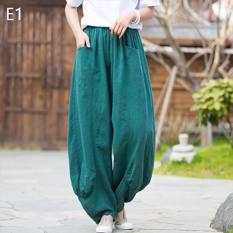 Women Vintage Literature Tie-dye Pants Summer Cotton Linen All-match Harem Pants Lady Casual Loose Bloomers Wide Leg Trousers