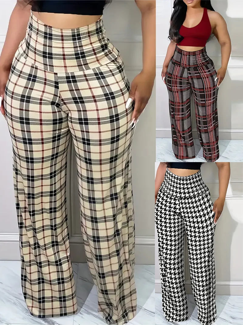 Women's Plaid Wide Leg Pants High Waist Casual Loose Trousers for Spring Summer