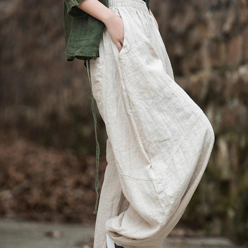 Women Vintage Literature Tie-dye Pants Summer Cotton Linen All-match Harem Pants Lady Casual Loose Bloomers Wide Leg Trousers