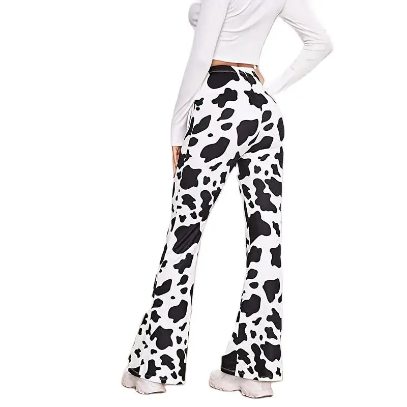 Women's milk cow printed bell bottomed pants with elastic casual sexy and comfortable pants