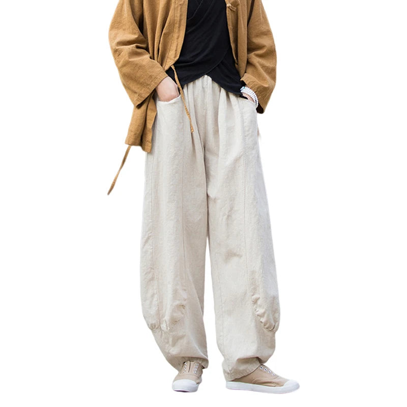 Women Vintage Literature Tie-dye Pants Summer Cotton Linen All-match Harem Pants Lady Casual Loose Bloomers Wide Leg Trousers