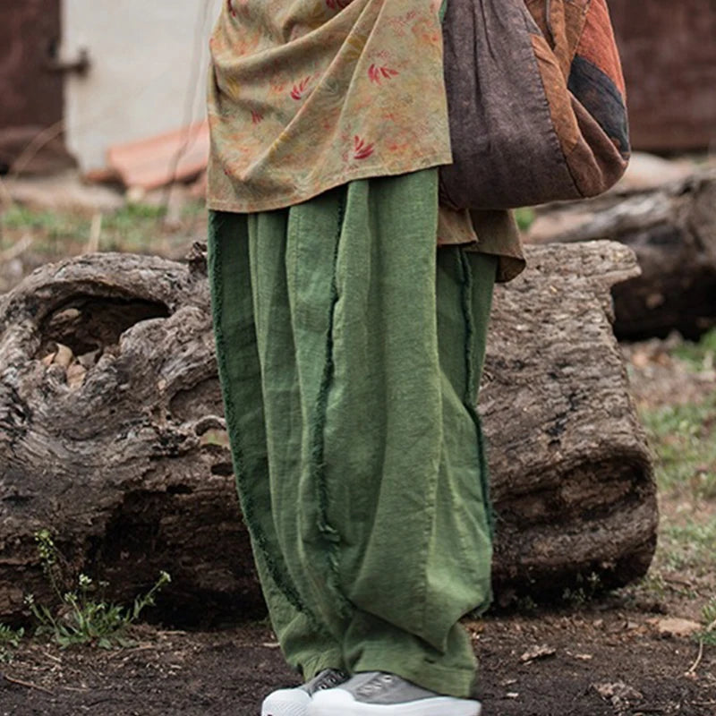 Women Vintage Literature Tie-dye Pants Summer Cotton Linen All-match Harem Pants Lady Casual Loose Bloomers Wide Leg Trousers