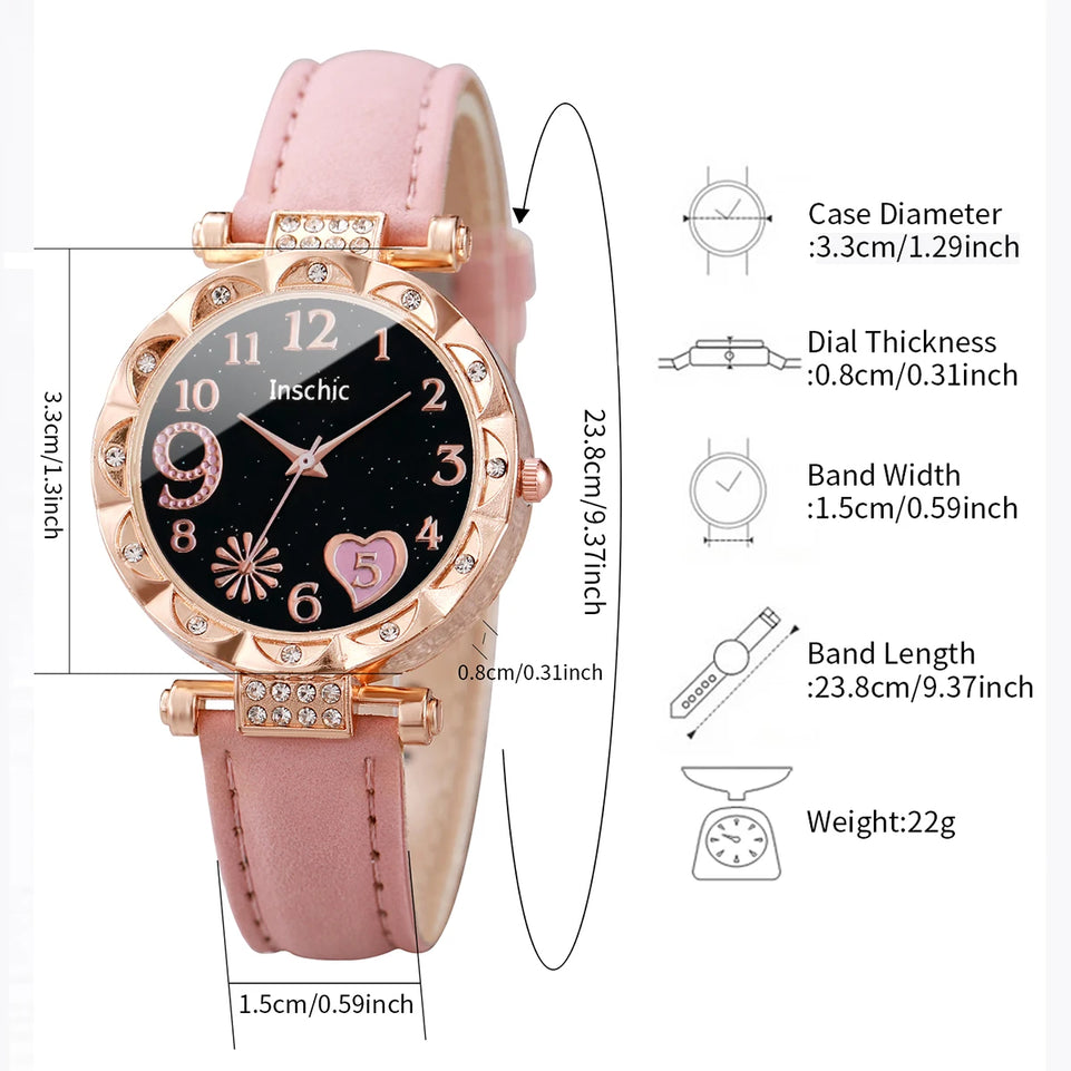 6PCS/Set Fashion Heart Dial Women's Watch Casual Leather Band Analog Quartz Watch Leaf Bracelets Set(Without Box)