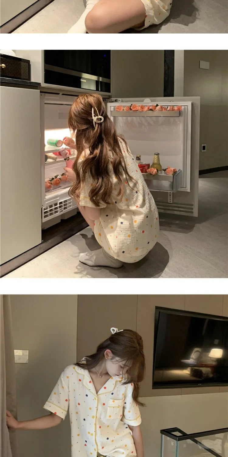 Women's Pajamas Set Foam Cotton Sleepwear Button down Tops and Shorts Pajama 2 Piece Suit Femme Nightwear Loungewear for Summer