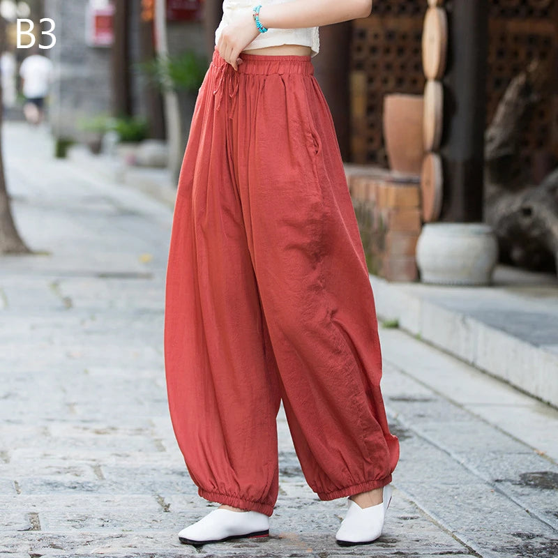 Women Vintage Literature Tie-dye Pants Summer Cotton Linen All-match Harem Pants Lady Casual Loose Bloomers Wide Leg Trousers