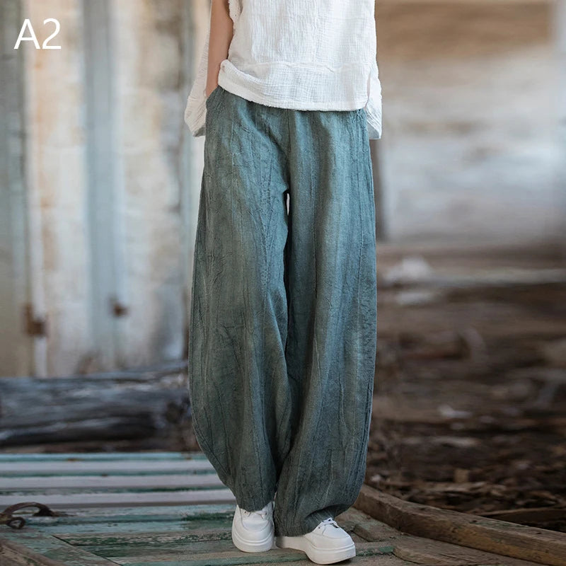 Women Vintage Literature Tie-dye Pants Summer Cotton Linen All-match Harem Pants Lady Casual Loose Bloomers Wide Leg Trousers