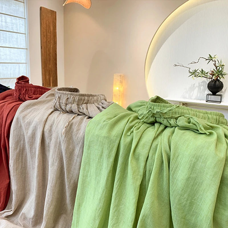 Women Vintage Literature Tie-dye Pants Summer Cotton Linen All-match Harem Pants Lady Casual Loose Bloomers Wide Leg Trousers