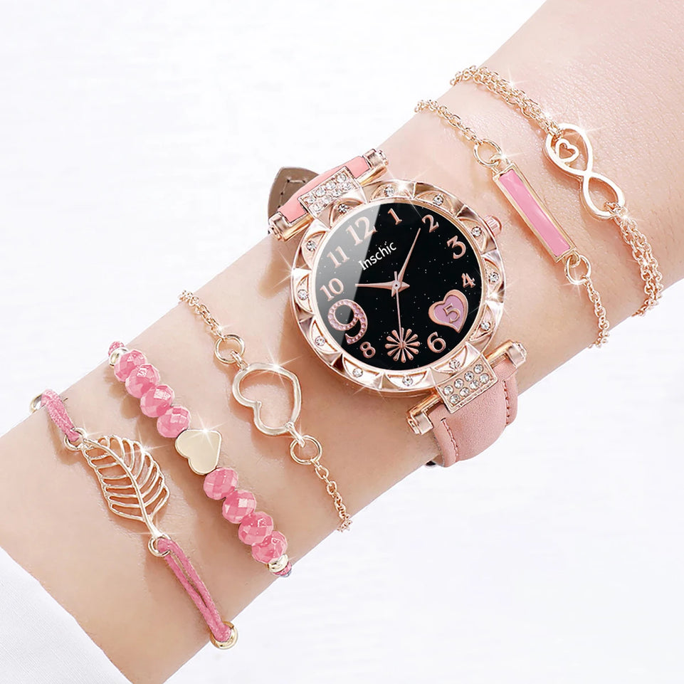 6PCS/Set Fashion Heart Dial Women's Watch Casual Leather Band Analog Quartz Watch Leaf Bracelets Set(Without Box)