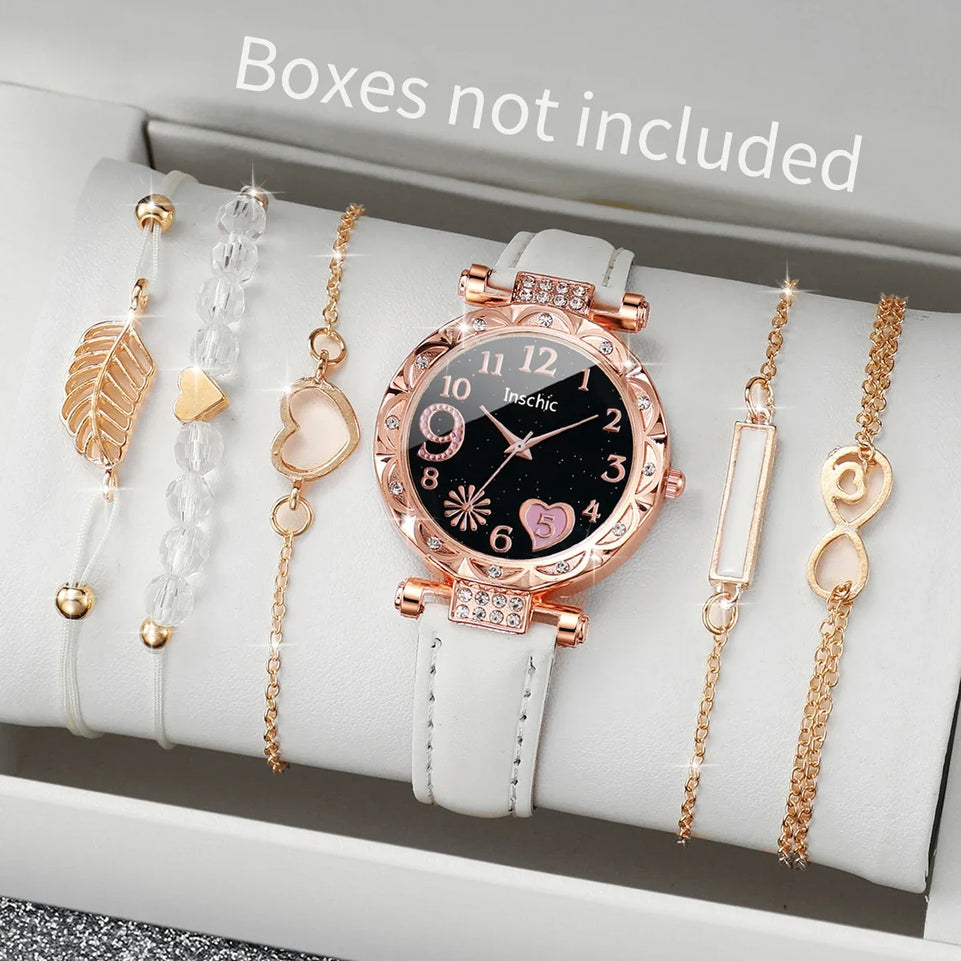 6PCS/Set Fashion Heart Dial Women's Watch Casual Leather Band Analog Quartz Watch Leaf Bracelets Set(Without Box)