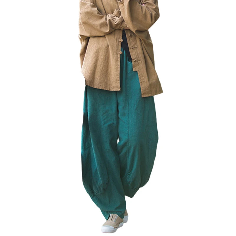 Women Vintage Literature Tie-dye Pants Summer Cotton Linen All-match Harem Pants Lady Casual Loose Bloomers Wide Leg Trousers