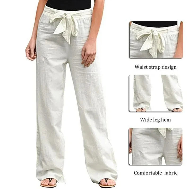 Women Long Pants Casual Loose Cotton Linen Elastic Waist Loose Straight Pants Female Elastic Waist Wide Leg Trousers Streetwear