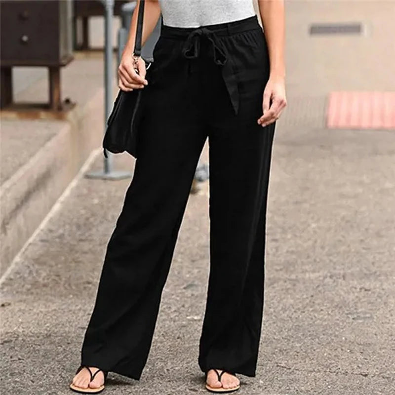 Women Long Pants Casual Loose Cotton Linen Elastic Waist Loose Straight Pants Female Elastic Waist Wide Leg Trousers Streetwear
