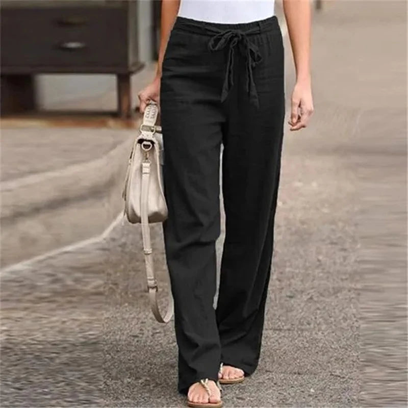 Women Long Pants Casual Loose Cotton Linen Elastic Waist Loose Straight Pants Female Elastic Waist Wide Leg Trousers Streetwear