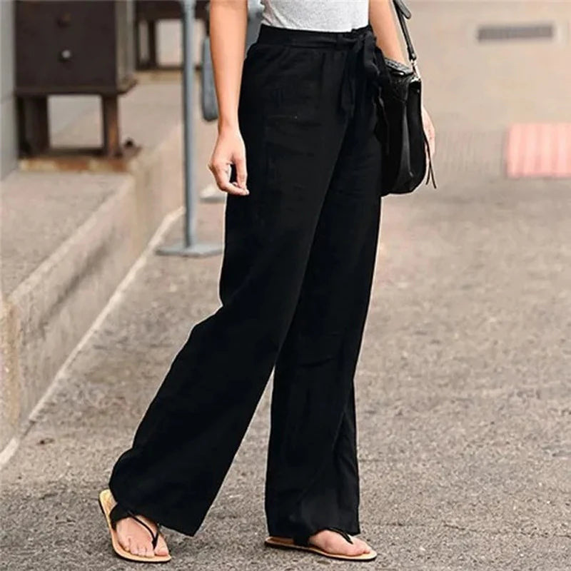 Women Long Pants Casual Loose Cotton Linen Elastic Waist Loose Straight Pants Female Elastic Waist Wide Leg Trousers Streetwear