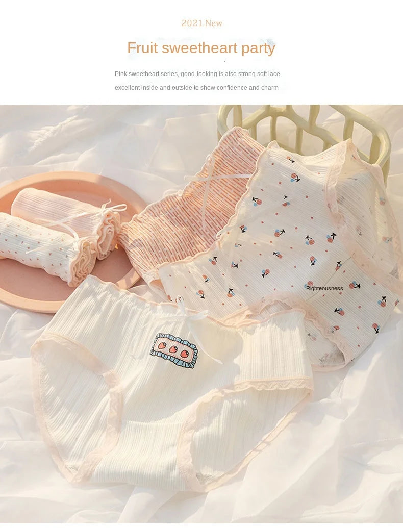 Women's Cotton Underwear Lovely Girl Bow Panties Sexy Lace Panties Mid Waist Seamless Comfort Briefs Female Lingerie