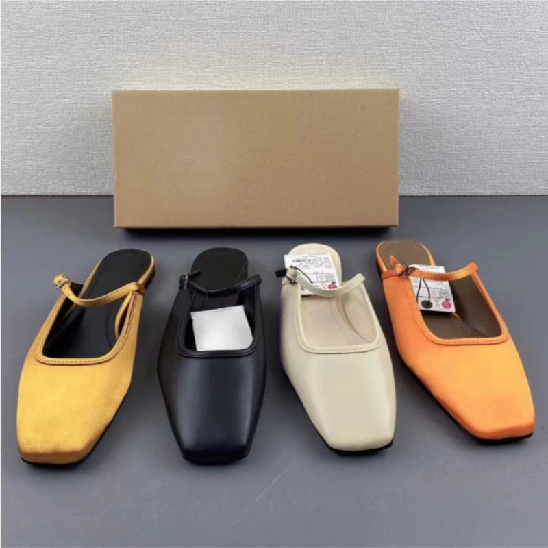 New Women Flats 2025 Square Toe Buckle Strap Breathable Mules Satin Leisure Slingbacks Chic Fashion Designer Shoes for Ladies