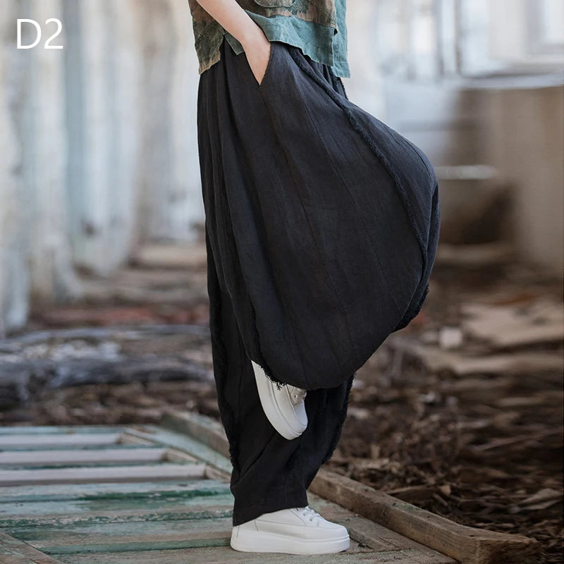 Women Vintage Literature Tie-dye Pants Summer Cotton Linen All-match Harem Pants Lady Casual Loose Bloomers Wide Leg Trousers