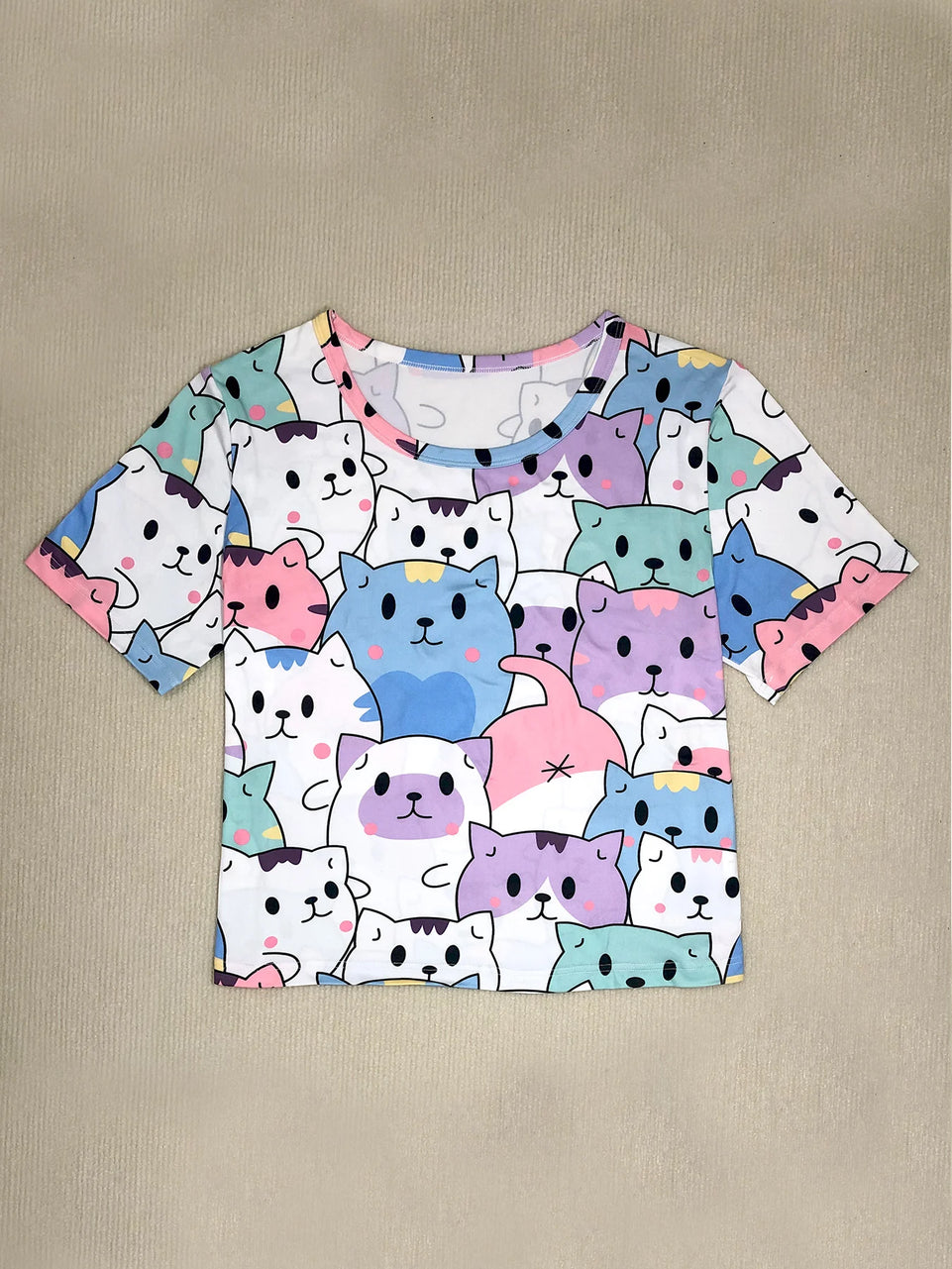 Women Sleepwear Set Short Sleeve Round Neck Top Elastic Shorts Allover Prints Cartoon Cat Summer Pajamas Set Casual Loungewear