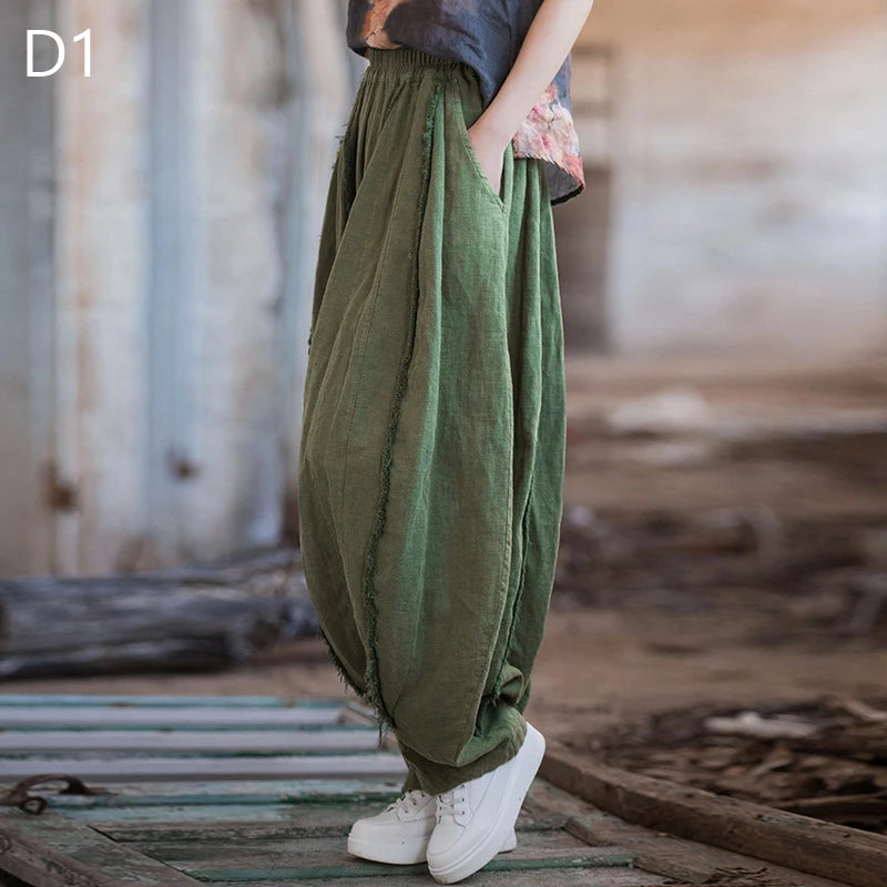 Women Vintage Literature Tie-dye Pants Summer Cotton Linen All-match Harem Pants Lady Casual Loose Bloomers Wide Leg Trousers