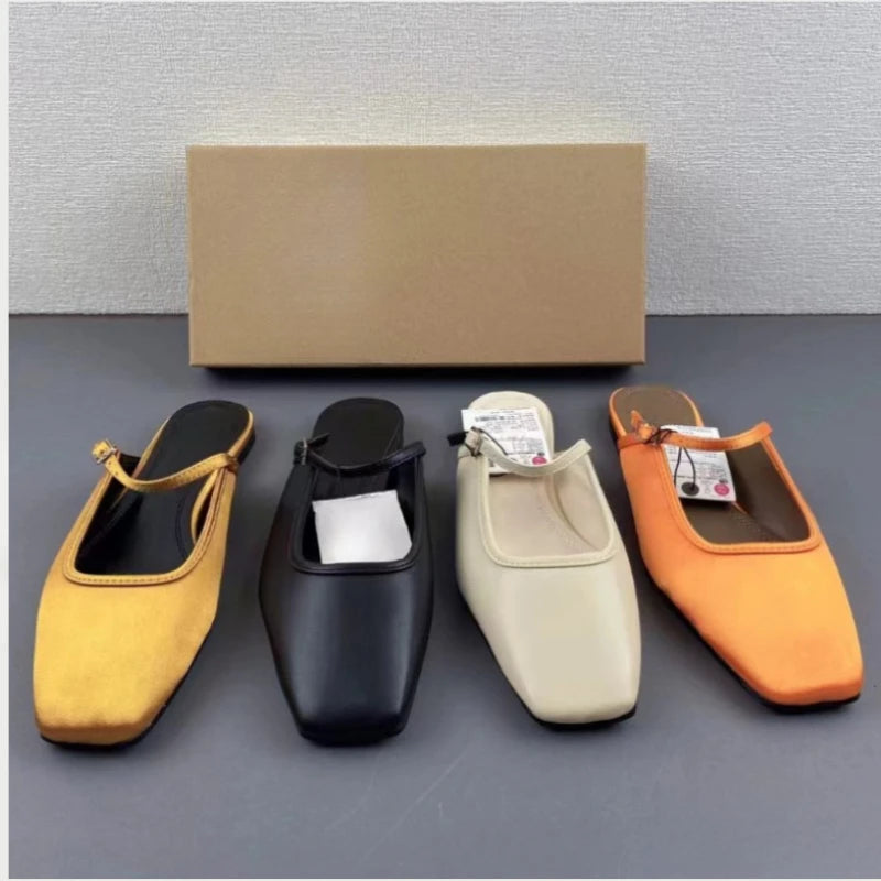 New Women Flats 2025 Square Toe Buckle Strap Breathable Mules Satin Leisure Slingbacks Chic Fashion Designer Shoes for Ladies