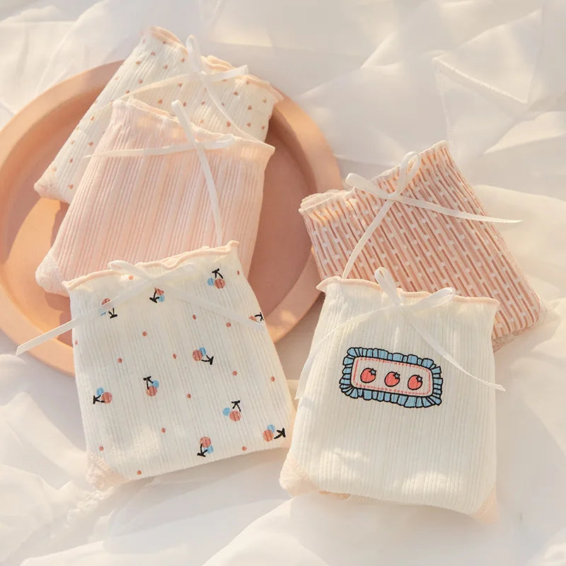 Women's Cotton Underwear Lovely Girl Bow Panties Sexy Lace Panties Mid Waist Seamless Comfort Briefs Female Lingerie