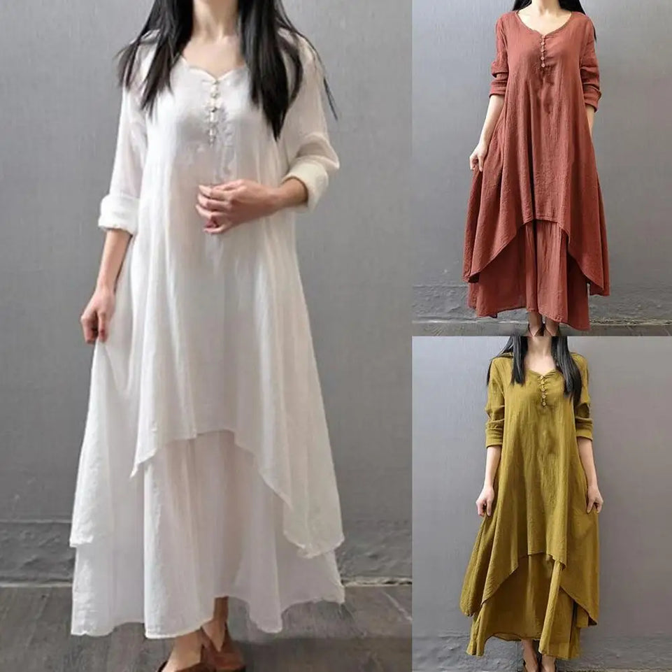 Women Elegant Linen White Dresses Bohemia Layering Vintage Robe Long Sleeve Loose Long Dress Female Autumn Vestidos