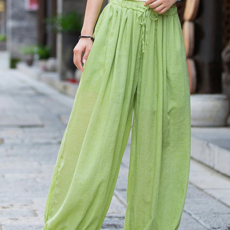 Women Vintage Literature Tie-dye Pants Summer Cotton Linen All-match Harem Pants Lady Casual Loose Bloomers Wide Leg Trousers