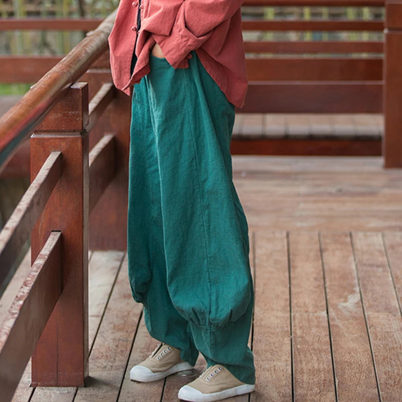 Women Vintage Literature Tie-dye Pants Summer Cotton Linen All-match Harem Pants Lady Casual Loose Bloomers Wide Leg Trousers