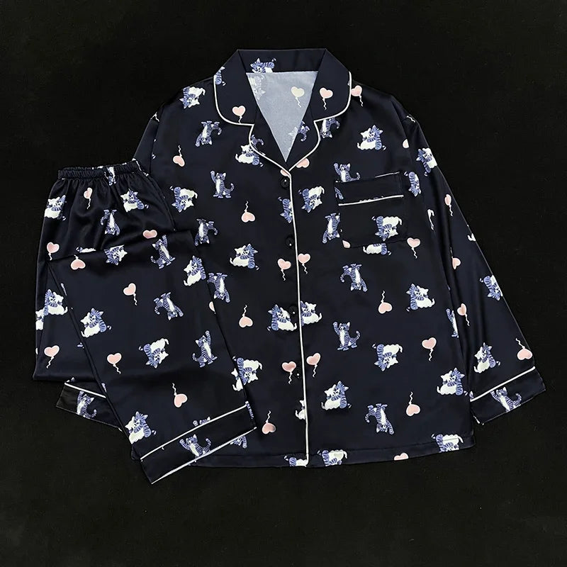 European Style Elegant Classy Fashion Trendy Female Lounges Aesthetics Print Spring Autumn Sleepwear for Women Y2k Sweet Pajamas