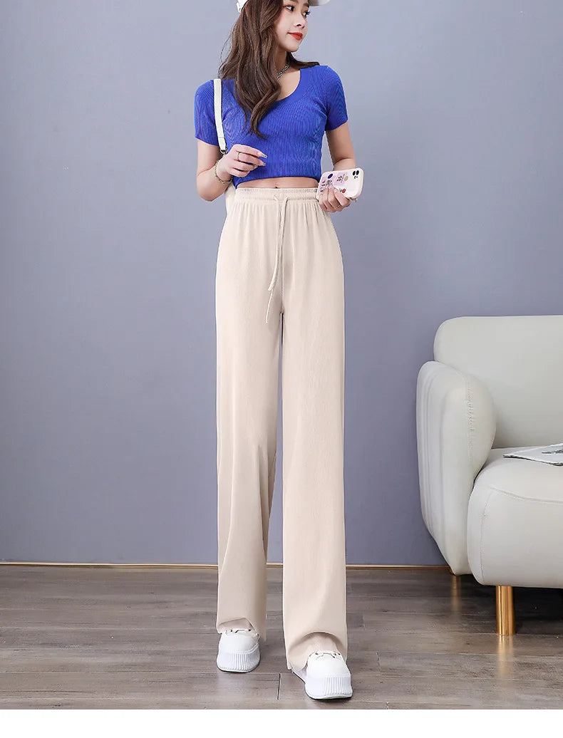 Women Long Pants Causal Elastic Waist Loose Basic Long Trousers For Female Spring Summer Wide Leg Long Pants
