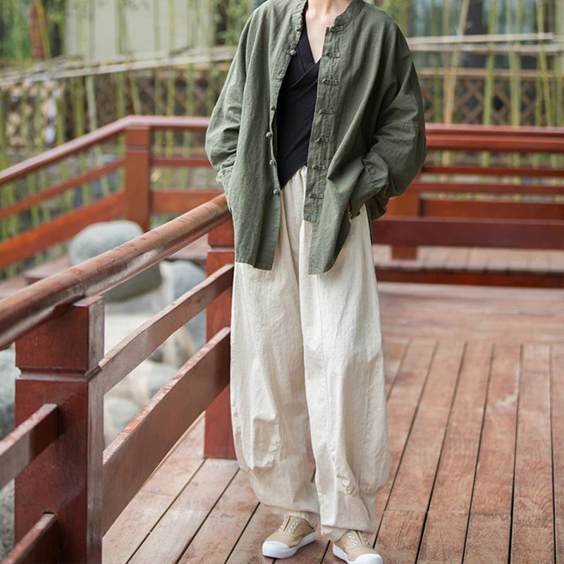 Women Vintage Literature Tie-dye Pants Summer Cotton Linen All-match Harem Pants Lady Casual Loose Bloomers Wide Leg Trousers