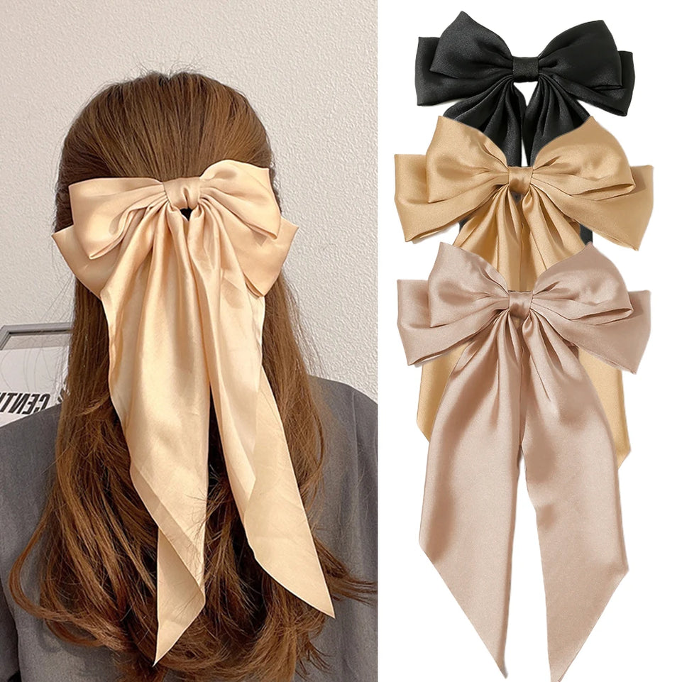 Korean Accessories Hair Clips for Women Girls Big Bowknot Solid Satin Long Ribbon Bows Spring Clamp Barette Cheveux Femme 2023