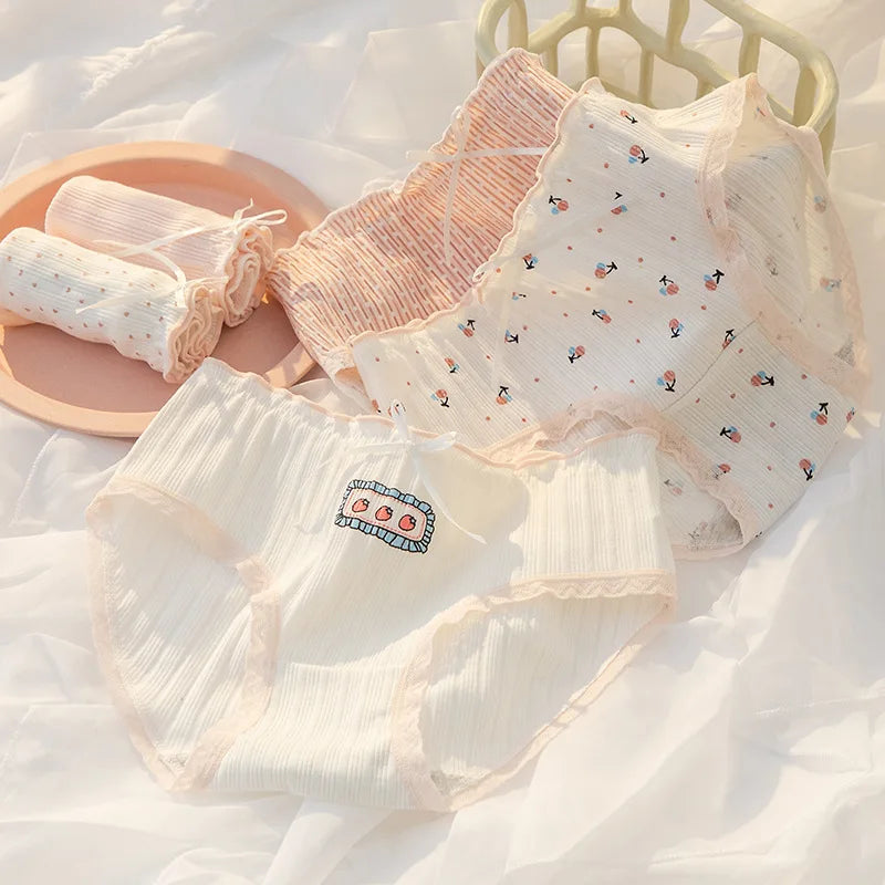 Women's Cotton Underwear Lovely Girl Bow Panties Sexy Lace Panties Mid Waist Seamless Comfort Briefs Female Lingerie