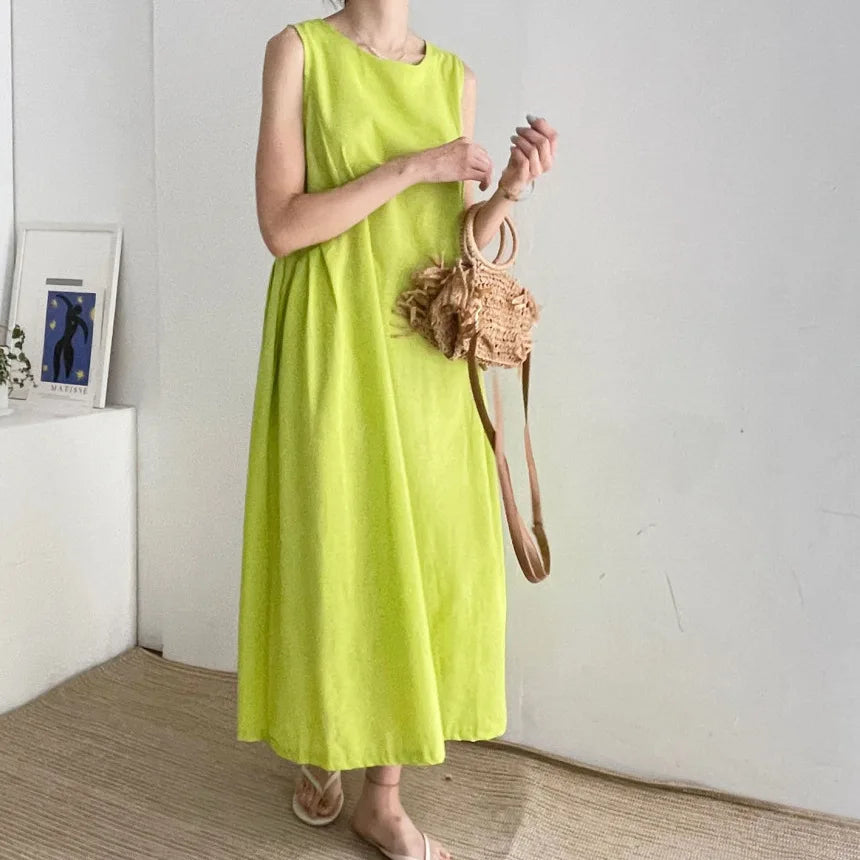 Women New Dresses Cotton Linen Sleeveless Loose Casual O-Neck Long Dress Robes vestidos casuales платье женское