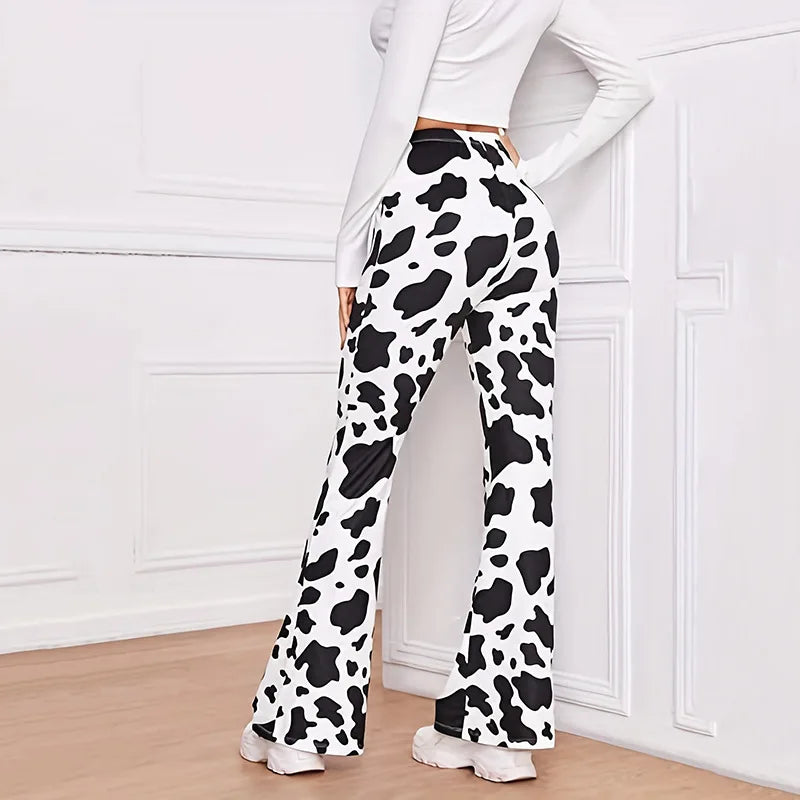 Women's milk cow printed bell bottomed pants with elastic casual sexy and comfortable pants