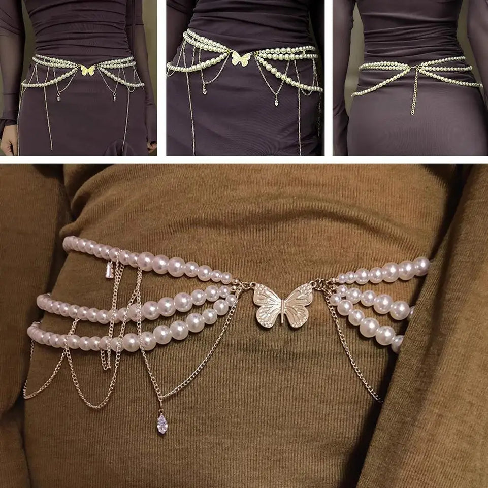 Fashion Y2K Retro Multilayer Pearl Waist Chain Belt For Women - Stylish Body Jewelry Accessories For Party & Casual Wear