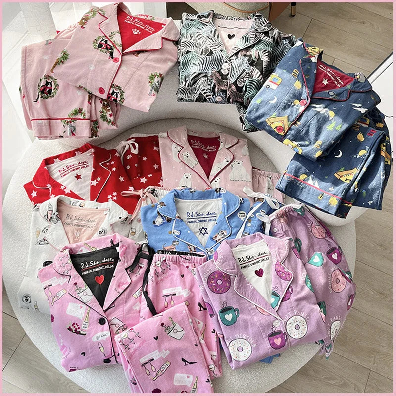 New Loungewear Women 2 Piece Set Pj Sets Loose Cartoon Women Outfit 100% Cotton Pajamas for Women Casual Sleepwear Set Pijamas