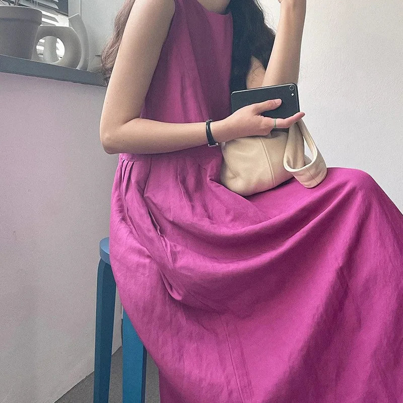 Women New Dresses Cotton Linen Sleeveless Loose Casual O-Neck Long Dress Robes vestidos casuales платье женское