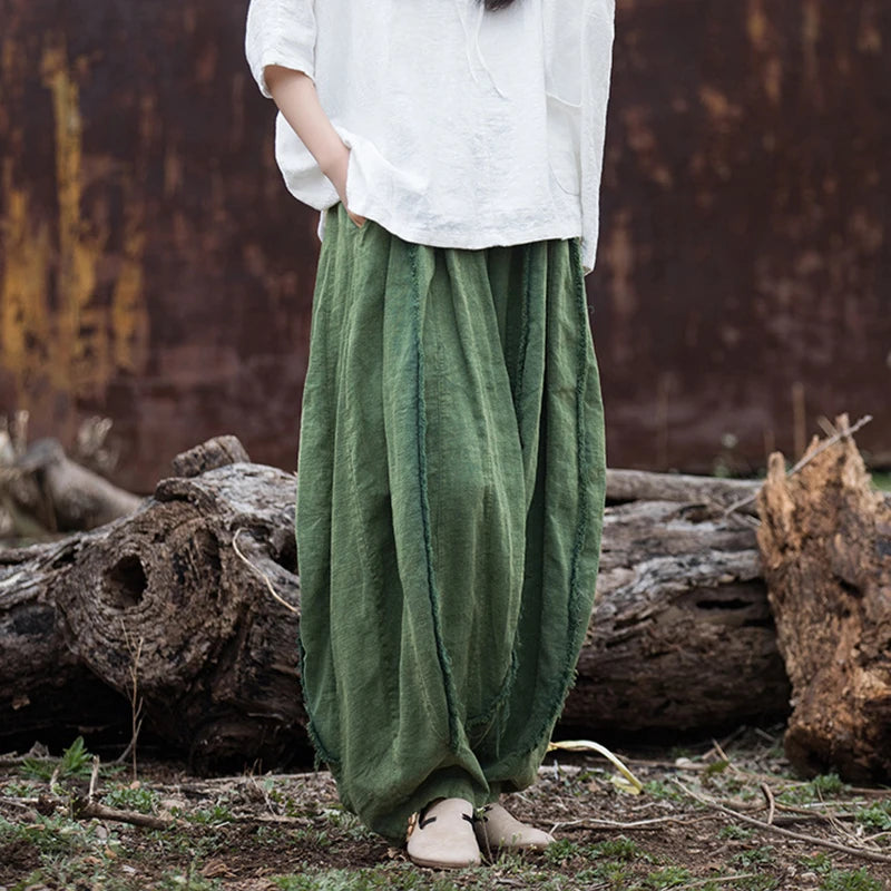 Women Vintage Literature Tie-dye Pants Summer Cotton Linen All-match Harem Pants Lady Casual Loose Bloomers Wide Leg Trousers