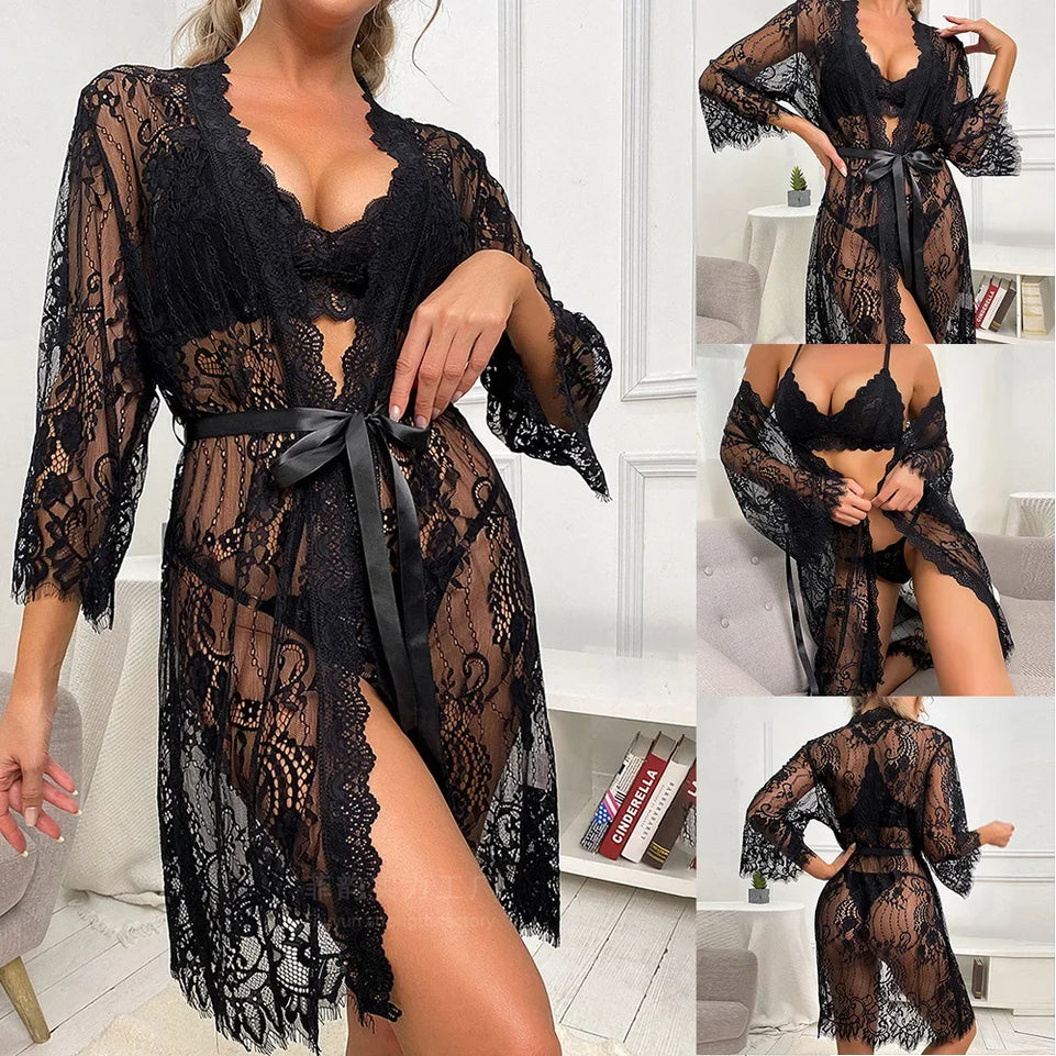 Women's Sexy Lace Robes Sexy Long Lingerie Soft Comfortable Sleepwear Nightwear Lady's Bathrobe Dress See Through Sheer Pajamas