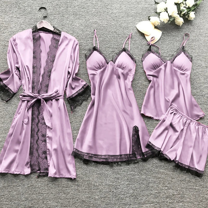 4 Pieces Women's Sexy Lace Pajamas Fashion V-Neck Gown Comfort Pajamas Pajamas Pajamas With Chest Pads Nightdress Casual Loungew