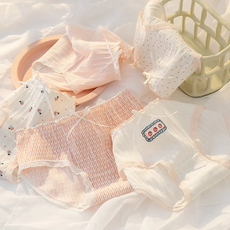 Women's Cotton Underwear Lovely Girl Bow Panties Sexy Lace Panties Mid Waist Seamless Comfort Briefs Female Lingerie