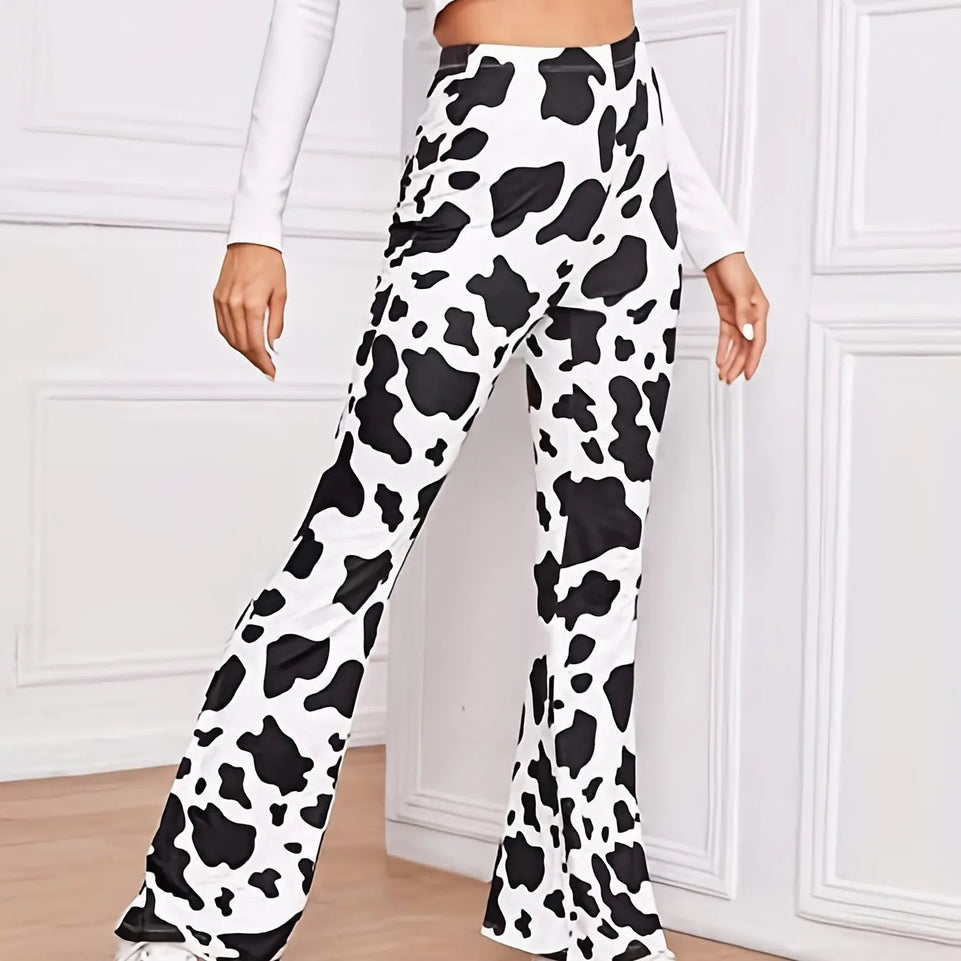 Women's milk cow printed bell bottomed pants with elastic casual sexy and comfortable pants