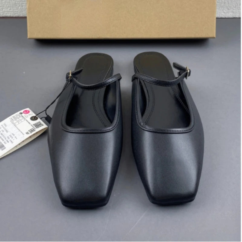 New Women Flats 2025 Square Toe Buckle Strap Breathable Mules Satin Leisure Slingbacks Chic Fashion Designer Shoes for Ladies