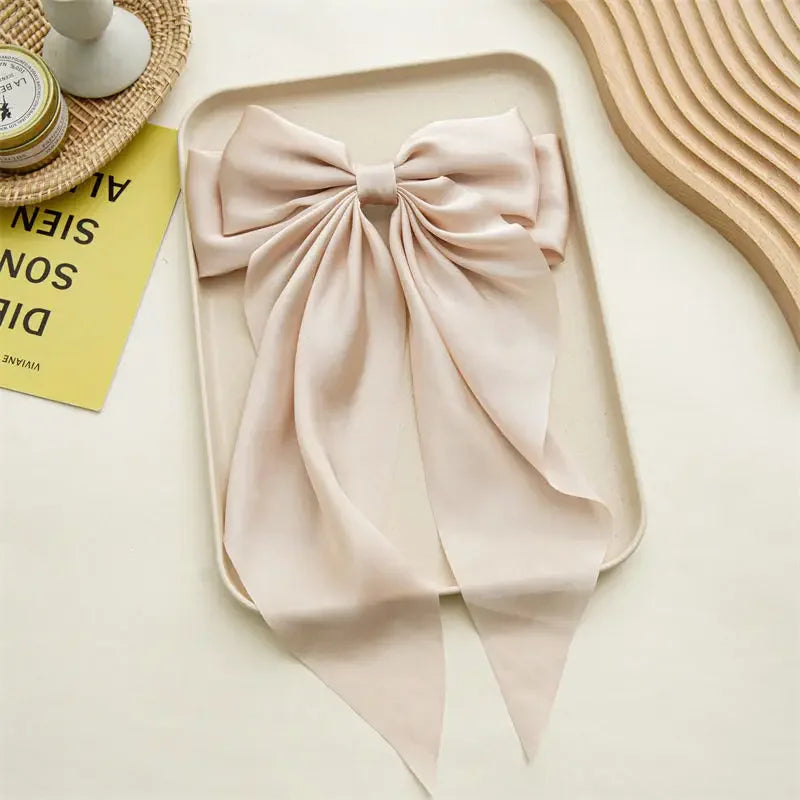 Korean Accessories Hair Clips for Women Girls Big Bowknot Solid Satin Long Ribbon Bows Spring Clamp Barette Cheveux Femme 2023