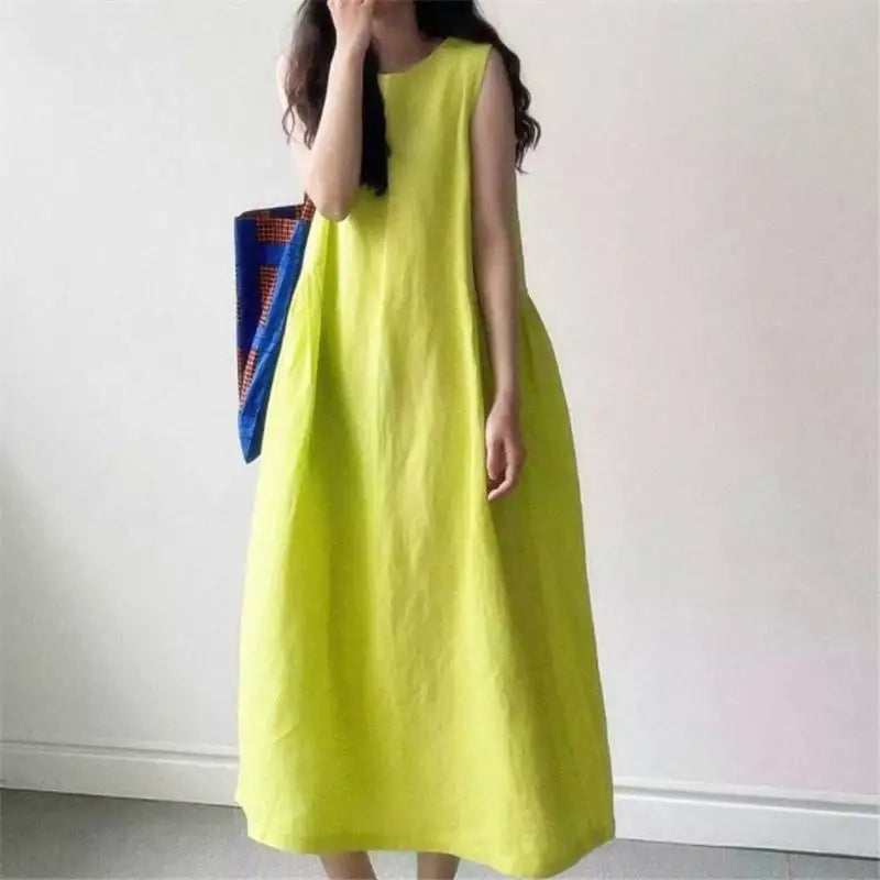 Women New Dresses Cotton Linen Sleeveless Loose Casual O-Neck Long Dress Robes vestidos casuales платье женское