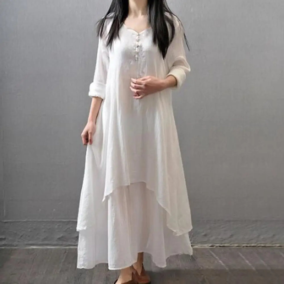 Women Elegant Linen White Dresses Bohemia Layering Vintage Robe Long Sleeve Loose Long Dress Female Autumn Vestidos